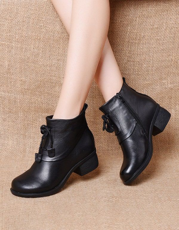 Bottines Épaisses En Cuir Rétro Pour Femmes