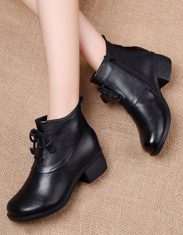 Bottines Épaisses En Cuir Rétro Pour Femmes