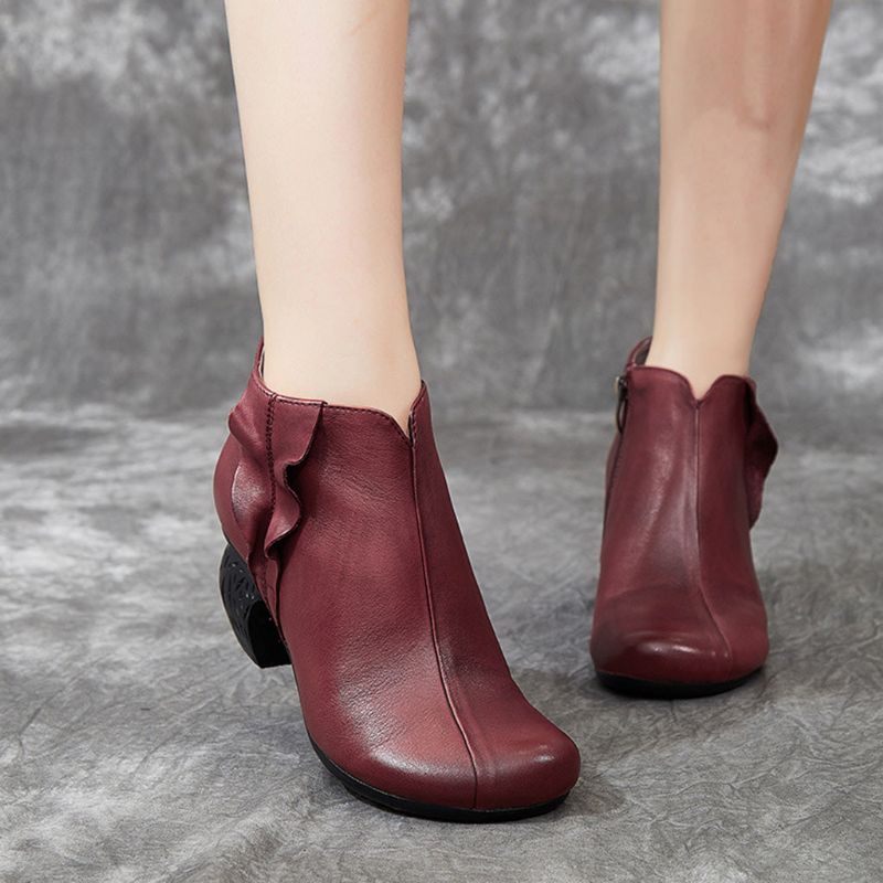 Bottines Épaisses Pour Femmes En Cuir Rétro Faites À La Main