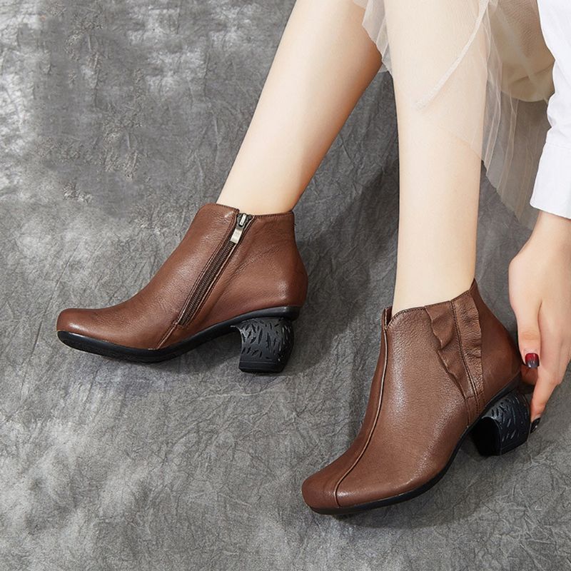 Bottines Épaisses Pour Femmes En Cuir Rétro Faites À La Main