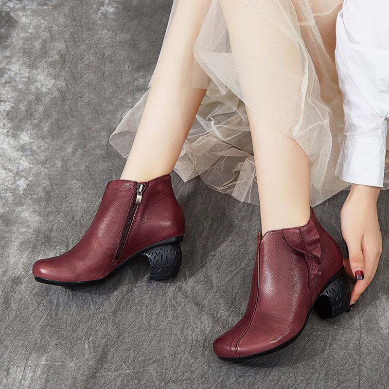 Bottines Épaisses Pour Femmes En Cuir Rétro Faites À La Main