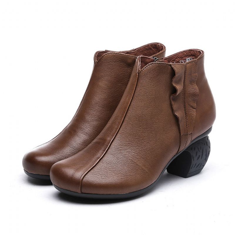 Bottines Épaisses Pour Femmes En Cuir Rétro Faites À La Main