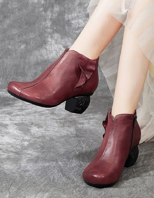 Bottines Épaisses Pour Femmes En Cuir Rétro Faites À La Main