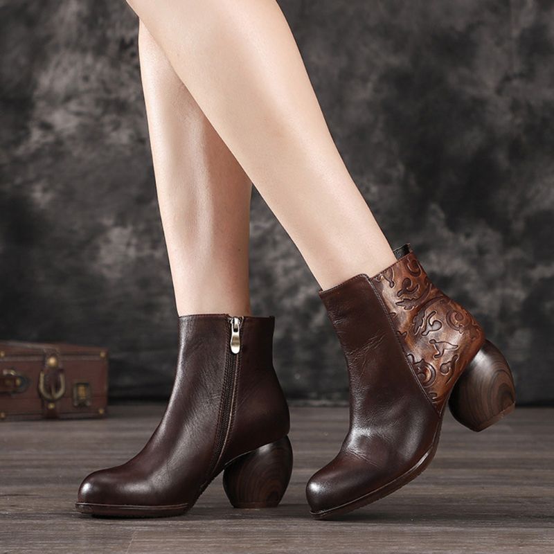 Bottines À Talons Épais En Cuir Rétro Automne-hiver