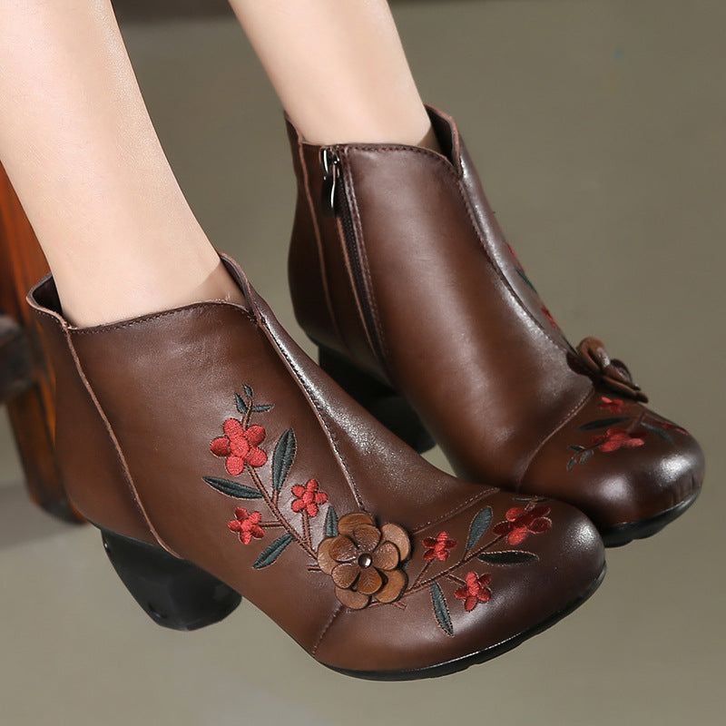 Brodé Fleur Rétro Chunky Bottes Femmes