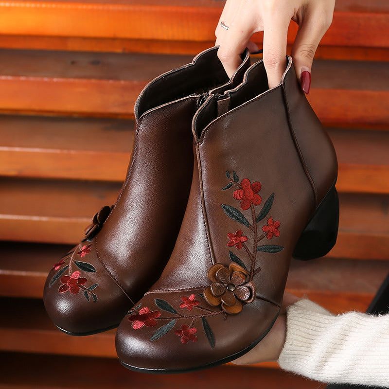 Brodé Fleur Rétro Chunky Bottes Femmes