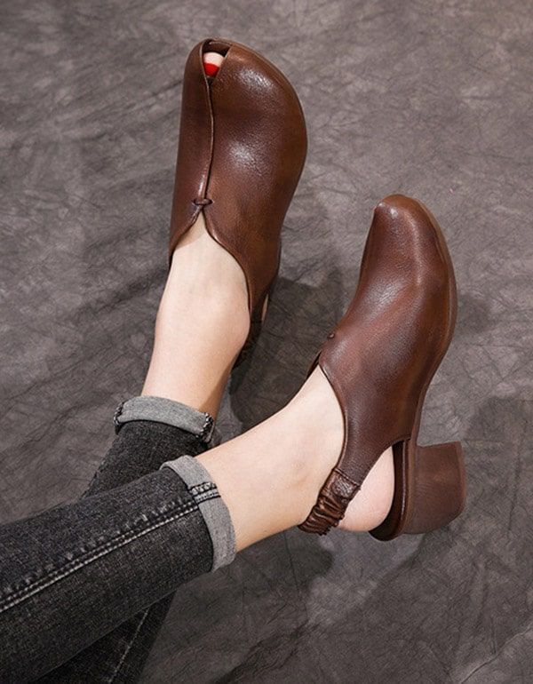 Chaussures Épaisses En Cuir À Talons Épais Et Bout Ouvert Rétro