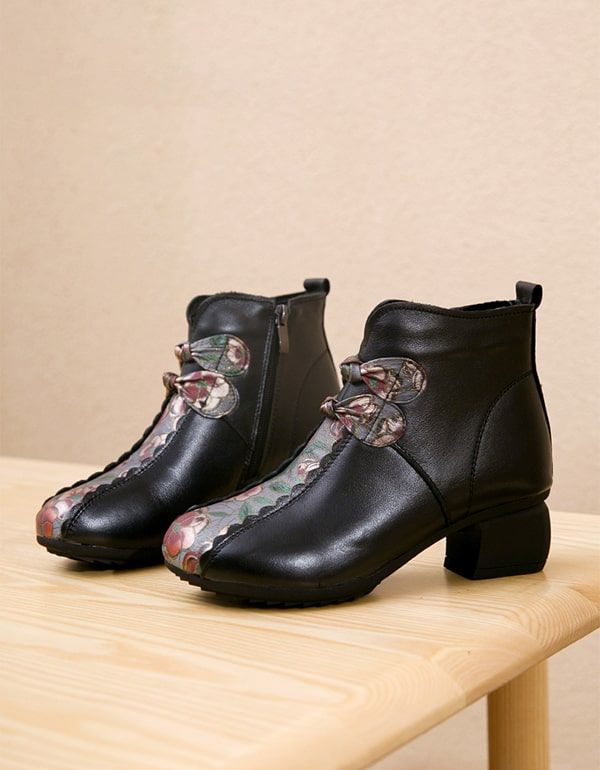 Ethnic Retro Handmade Leather Printed Chunky Short Boots