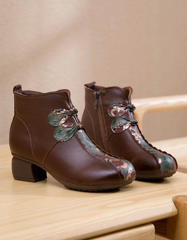 Ethnic Retro Handmade Leather Printed Chunky Short Boots