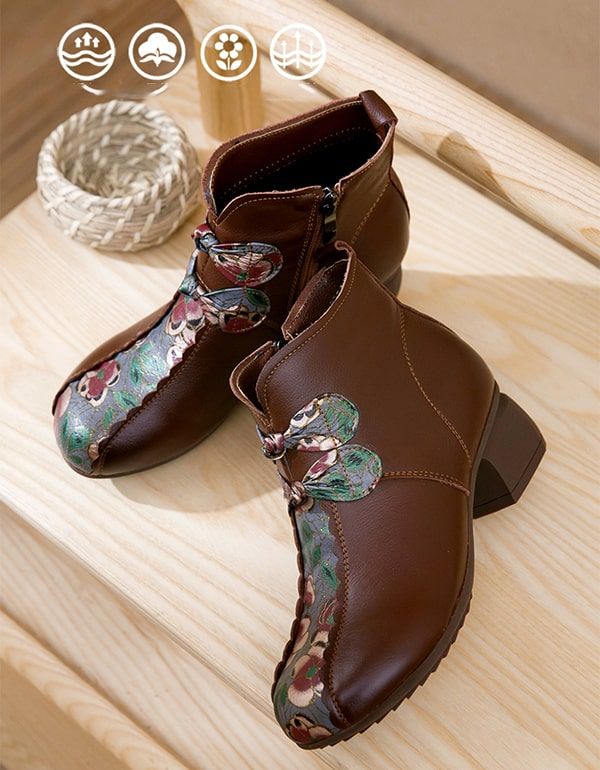 Ethnic Retro Handmade Leather Printed Chunky Short Boots