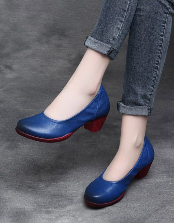 Spring Retro Leather Color Matching Chunky Shoes