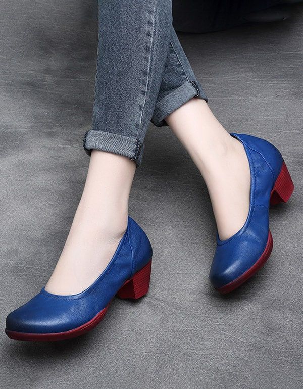 Spring Retro Leather Color Matching Chunky Shoes