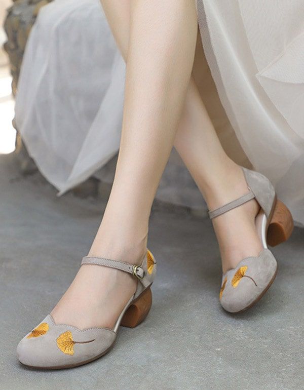 Summer Retro Broderie Cheville Strap Chunky Heels