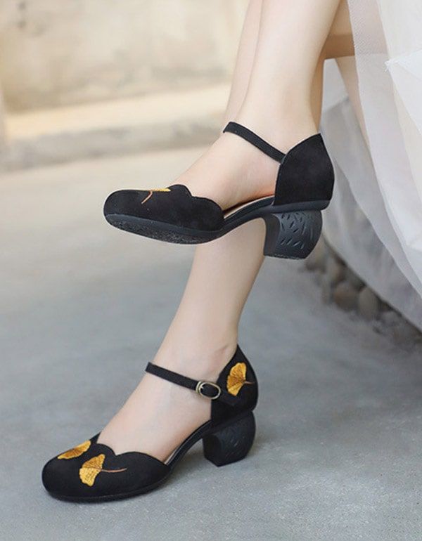 Summer Retro Broderie Cheville Strap Chunky Heels