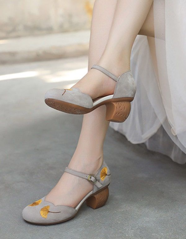 Summer Retro Broderie Cheville Strap Chunky Heels