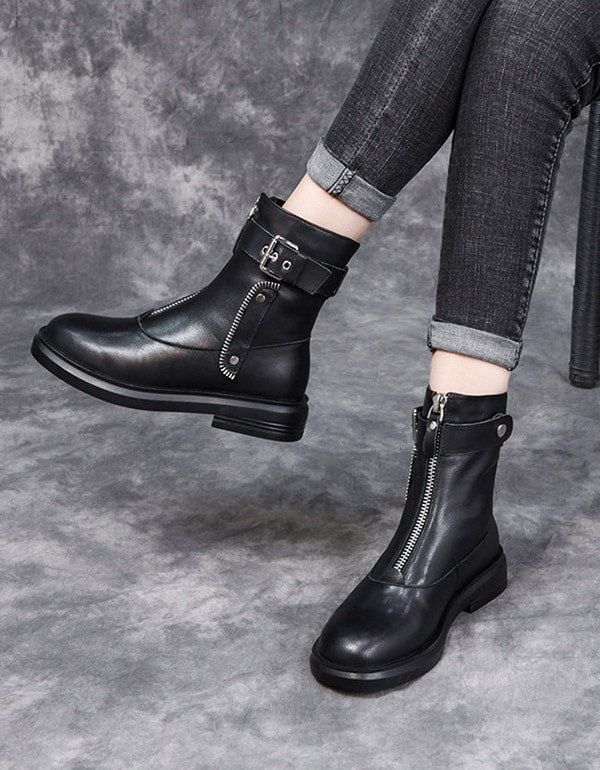 Automne Hiver Cuir Zipper Punk Bottes Noir