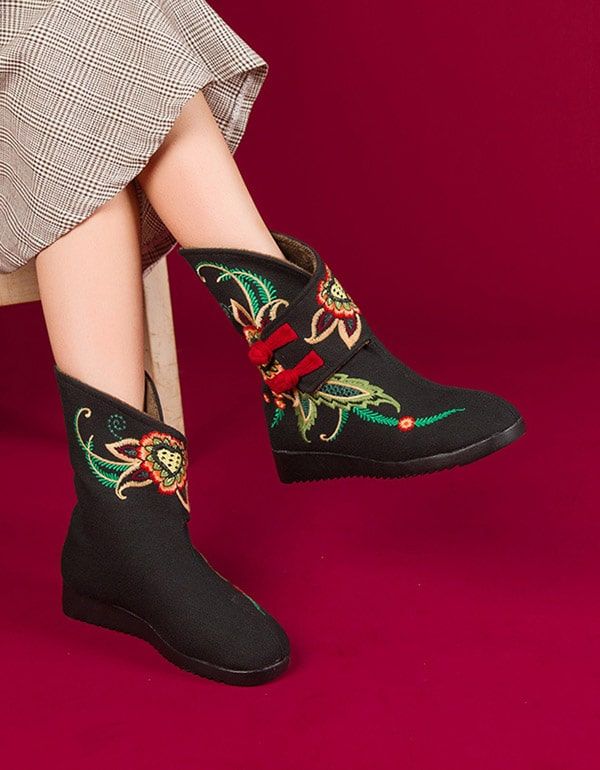 Bottes De Broderie Pour Femmes En Peluche D'hiver Style Ethnique