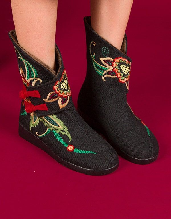 Bottes De Broderie Pour Femmes En Peluche D'hiver Style Ethnique