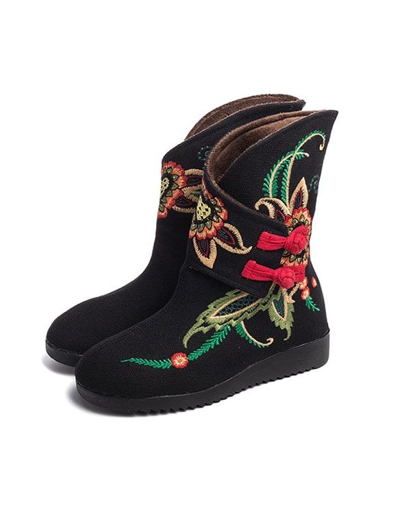 Bottes De Broderie Pour Femmes En Peluche D'hiver Style Ethnique