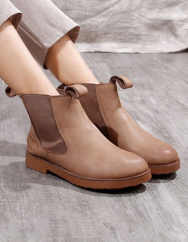 Bottes Chelsea Rétro En Cuir Souple Pour Femmes