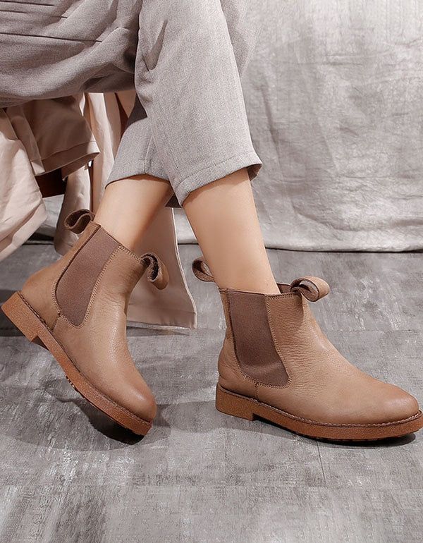 Bottes Chelsea Rétro En Cuir Souple Pour Femmes