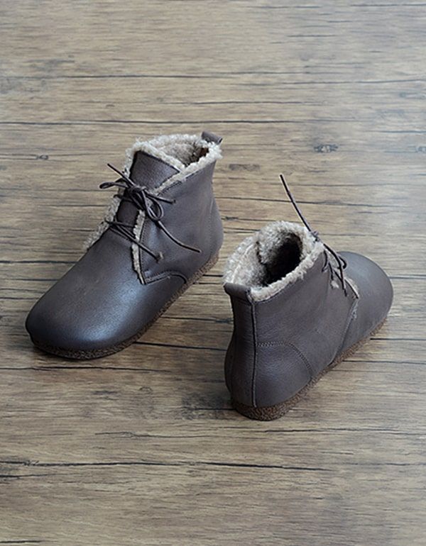 Bottes Courtes Pour Femmes En Cuir Rétro Faites À La Main En Peluche