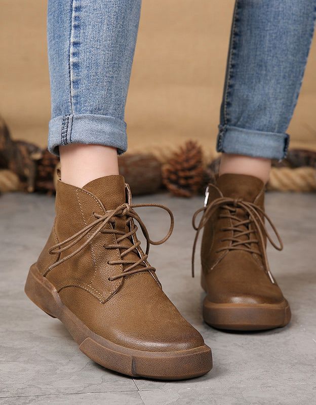 Bottes Courtes Rétro Pour Femmes En Cuir D'automne Et D'hiver | Chaussures Cadeaux