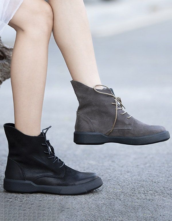 Bottes En Cuir À Lacets Automne Hiver Femme