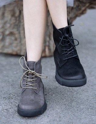 Bottes En Cuir À Lacets Automne Hiver Femme