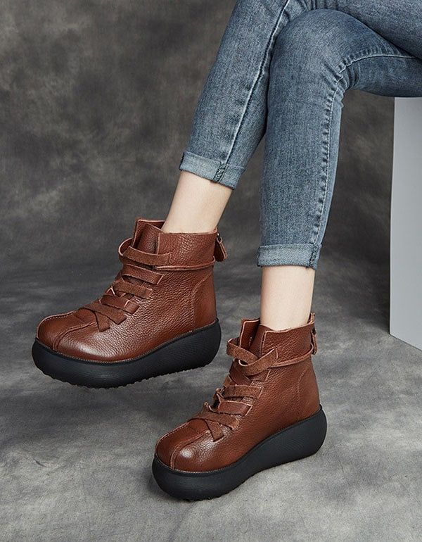 Bottes En Cuir Rétro À Semelles Épaisses Faites À La Main D'automne Et D'hiver