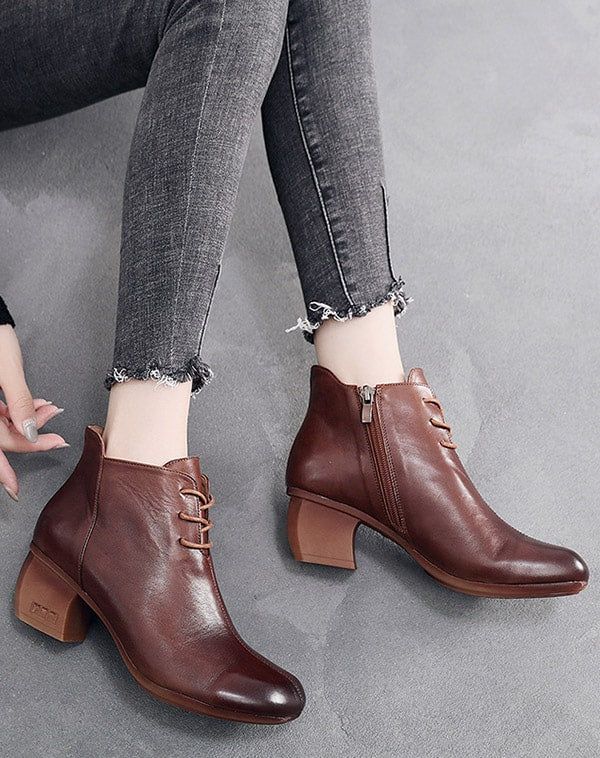 Bottes Épaisses En Cuir Rétro À Lacets Automne-hiver