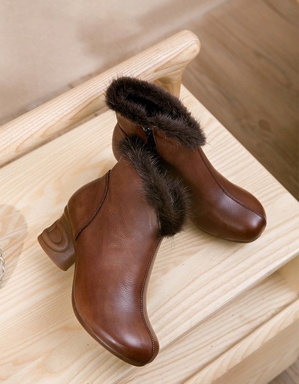 Bottes Épaisses Élégantes En Cuir Rétro En Peluche D'hiver