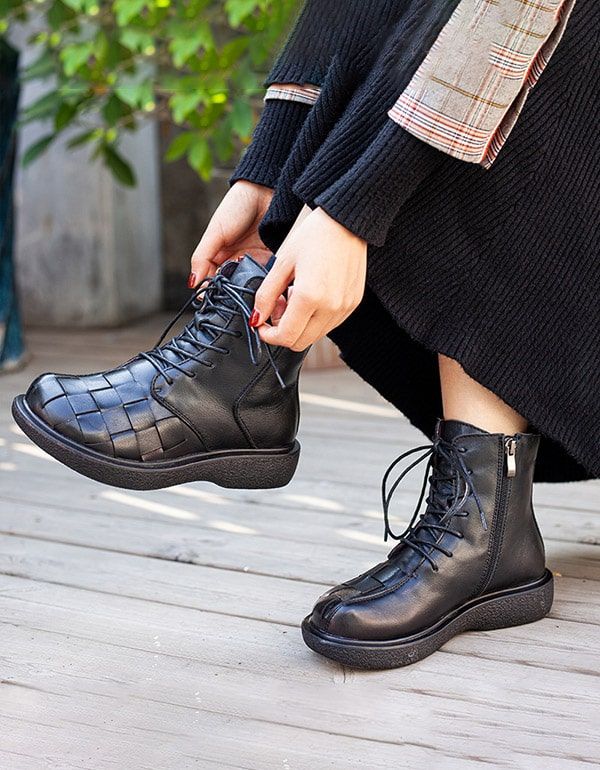 Bottes Pour Femmes En Cuir Rétro Tissées À La Main En Peluche