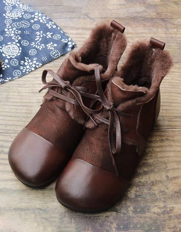 Bottes D'hiver Pour Femmes En Cuir Rétro Faites À La Main En Peluche