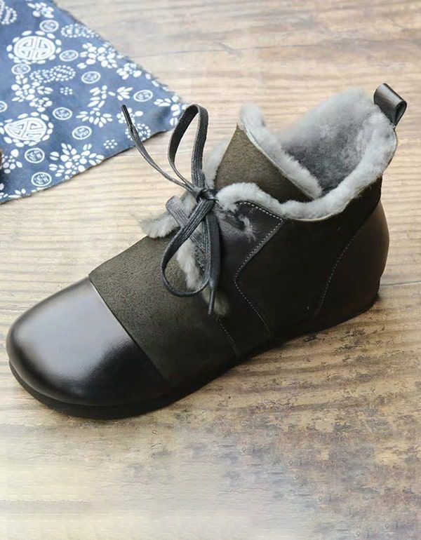 Bottes D'hiver Pour Femmes En Cuir Rétro Faites À La Main En Peluche