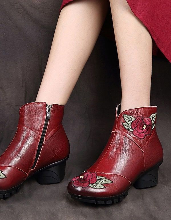 Bottes D'hiver À Tête Ronde Brodées En Cuir Véritable