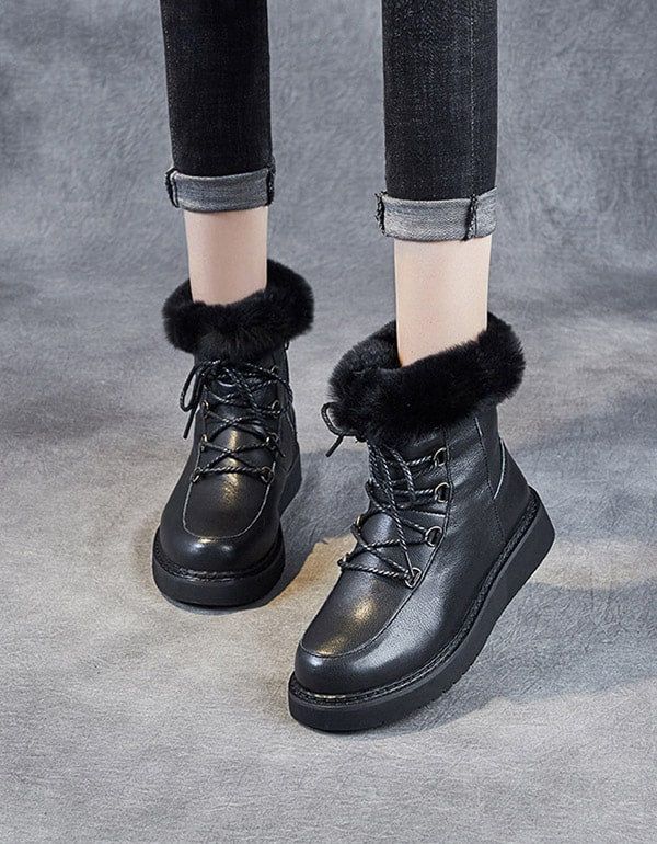 Bottes De Neige En Cuir Rétro En Fourrure D'hiver Femmes