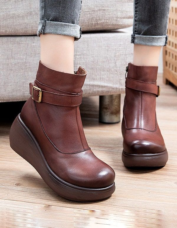 Bottines Compensées En Cuir Rétro Antidérapantes D'hiver