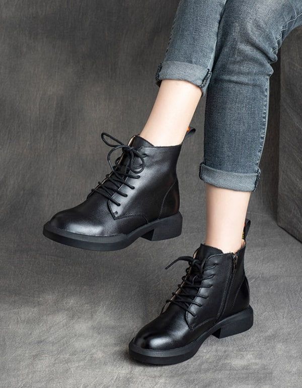 Bottines En Cuir Rétro À Lacets Pour Femmes