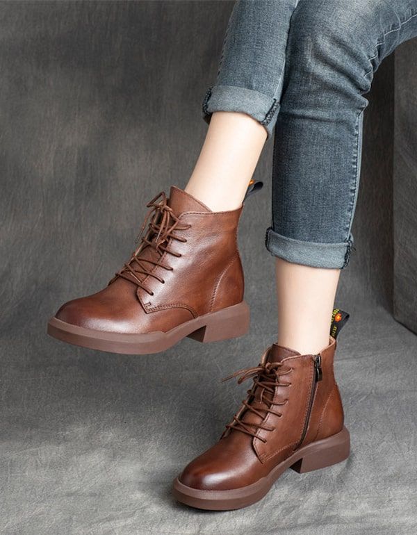 Bottines En Cuir Rétro À Lacets Pour Femmes