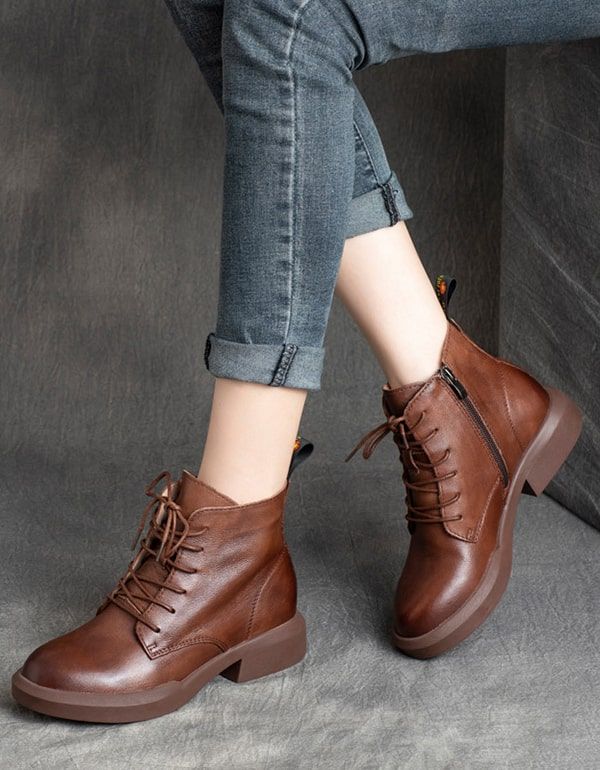 Bottines En Cuir Rétro À Lacets Pour Femmes