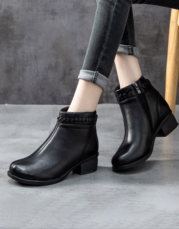 Bottines Épaisses En Cuir Rétro Automne-hiver