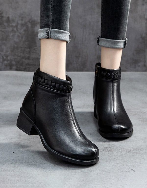 Bottines Épaisses En Cuir Rétro Automne-hiver