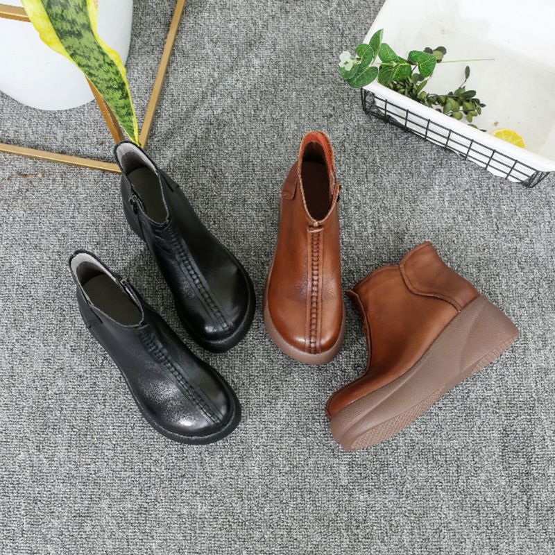 Bottines Épaisses Rétro En Cuir Automne-hiver | Chaussures Cadeaux