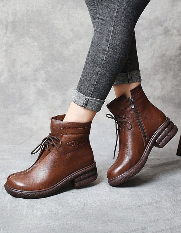 Bottines À Lacets En Cuir Rétro Automne-hiver