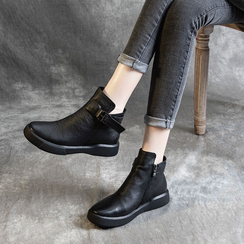 Bottines Noires En Cuir Rétro Pour Femmes