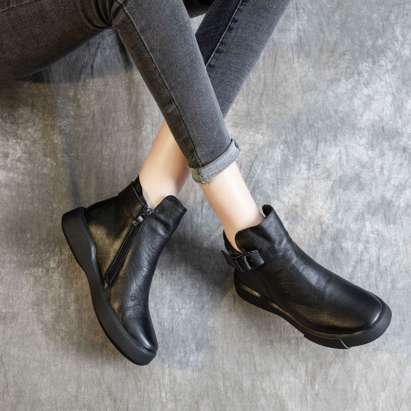 Bottines Noires En Cuir Rétro Pour Femmes