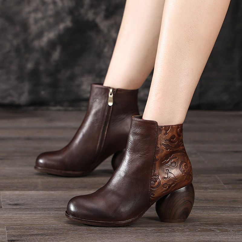 Bottines À Talons Épais En Cuir Rétro Automne-hiver