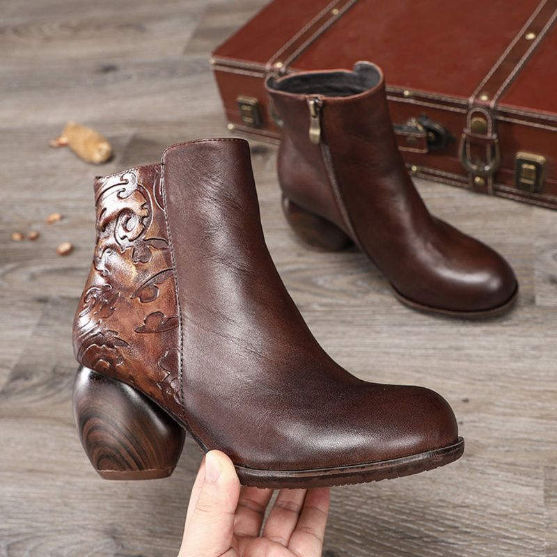 Bottines À Talons Épais En Cuir Rétro Automne-hiver