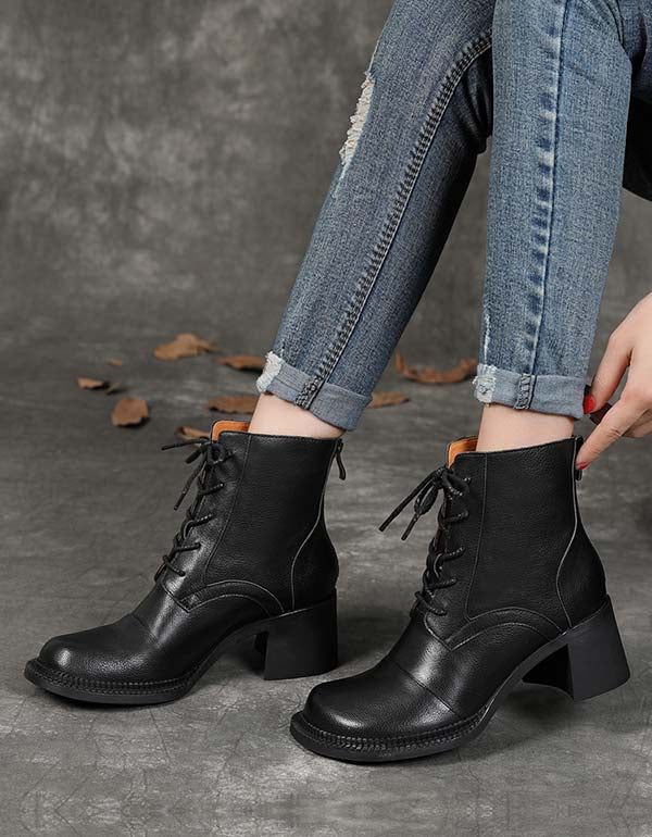 Bottines À Talons Épais En Cuir Véritable À Lacets